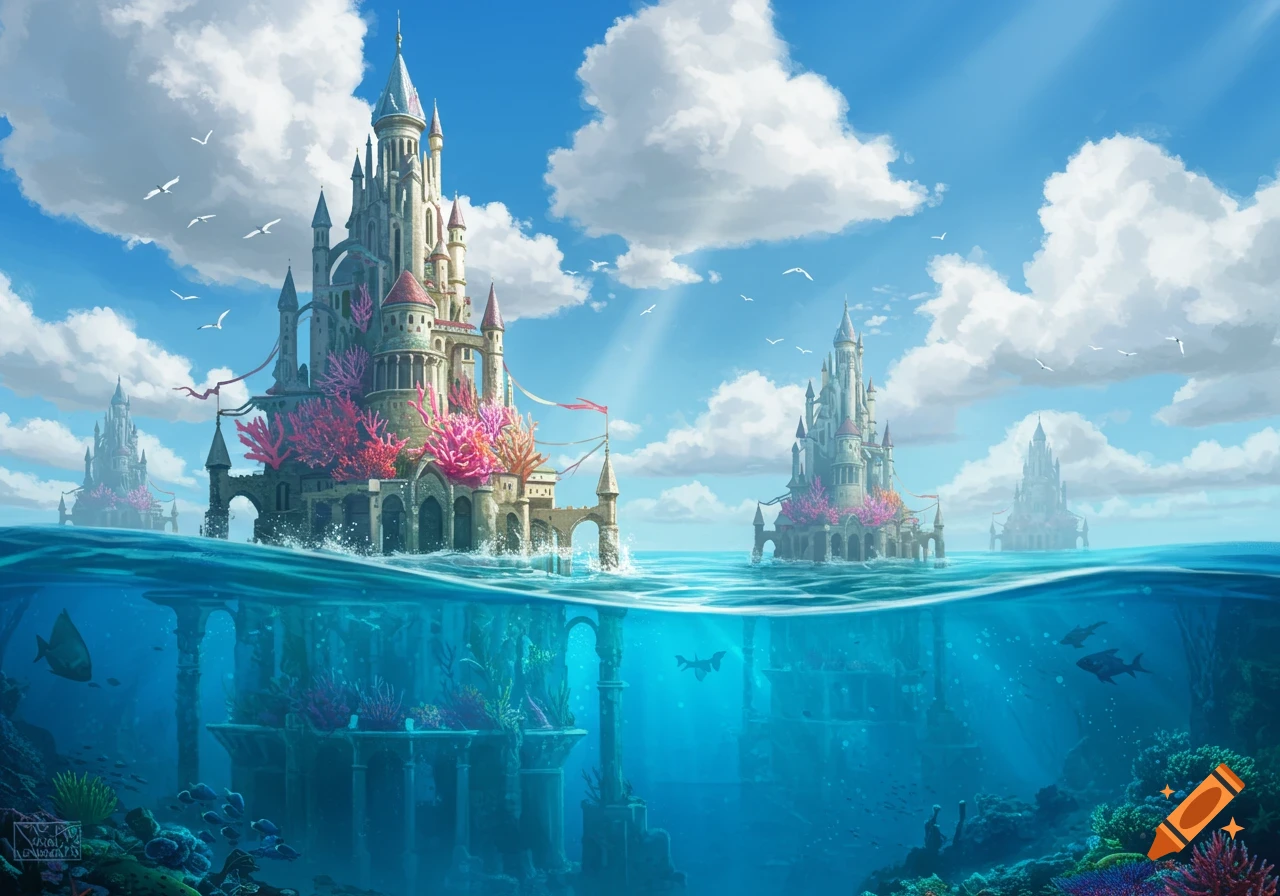 Fantasy castles with pink coral tops emerging from a vibrant blue ocean, showing both above and below water views with marine life.