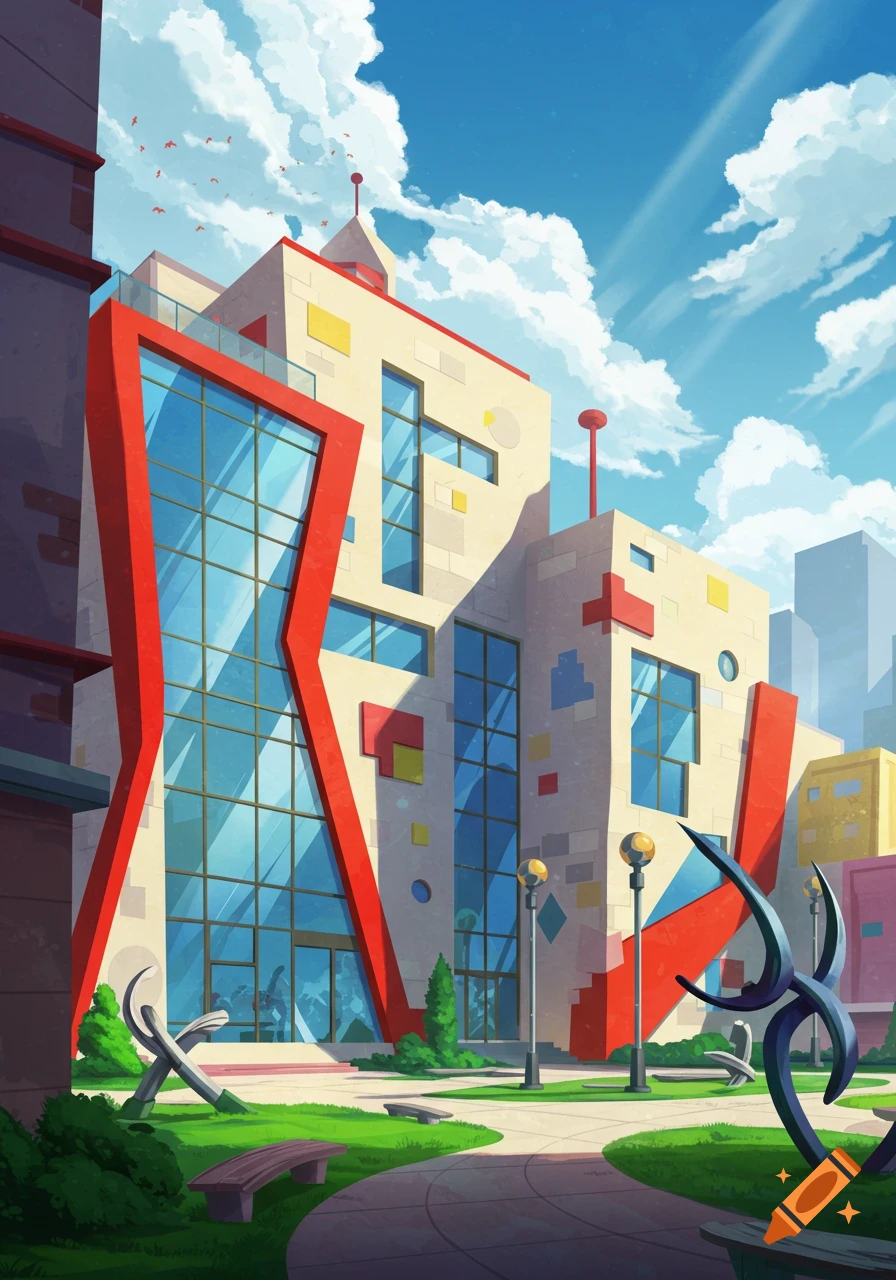 A colorful, cartoonish postmodern building with red accents and large windows, in a park with sculptures under a blue sky.