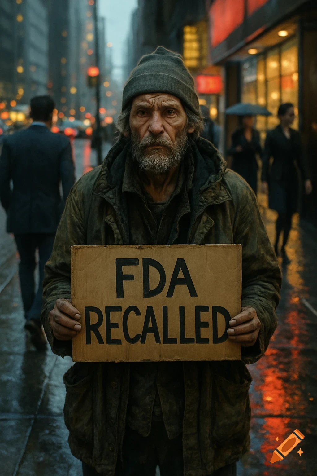 A disheveled man in a beanie and dirty coat holds a cardboard sign saying "FDA RECALLED" on a wet city street.