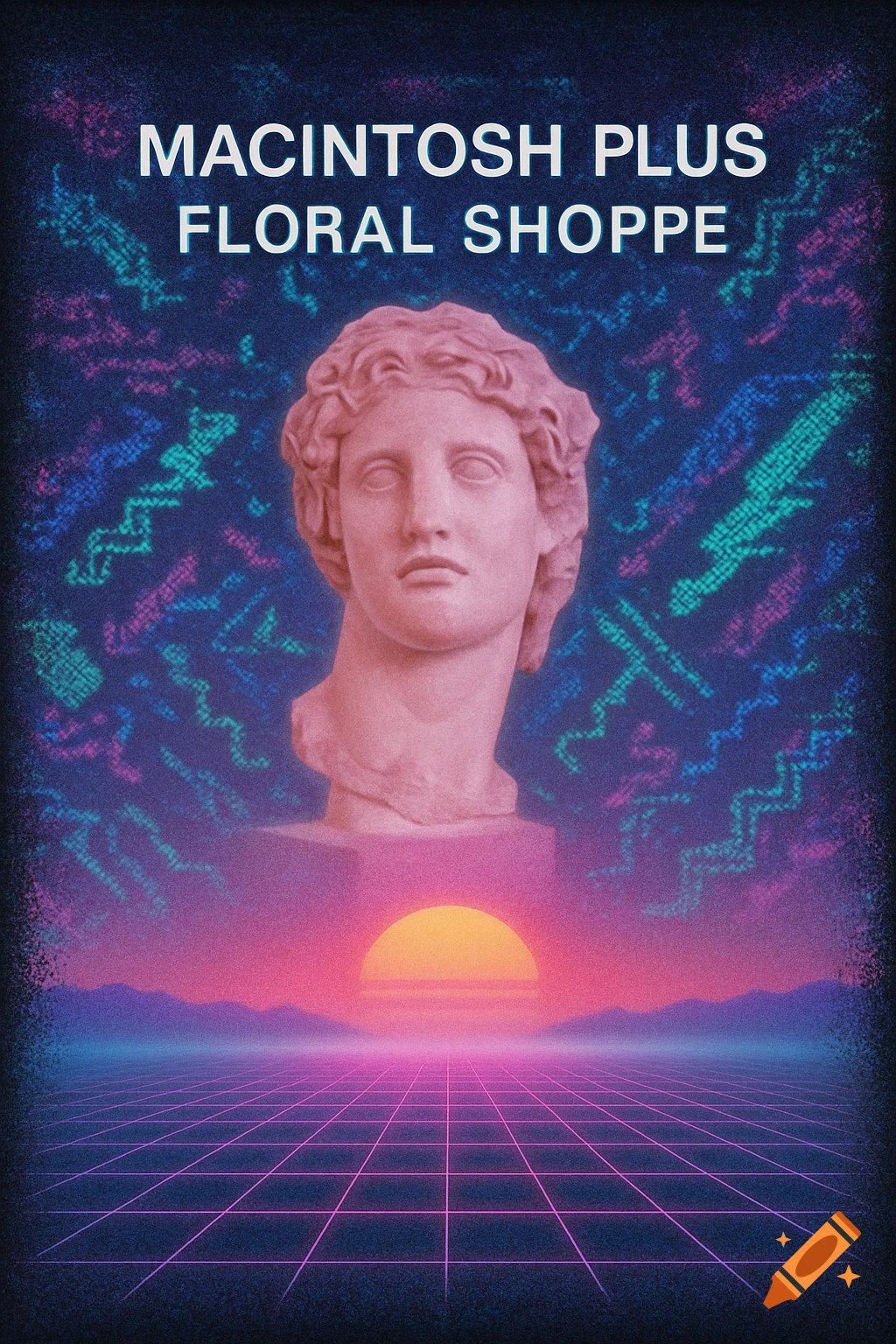 Vaporwave style image with a pink classical bust above a glowing grid and sunset, with 'MACINTOSH PLUS FLORAL SHOPPE' text.