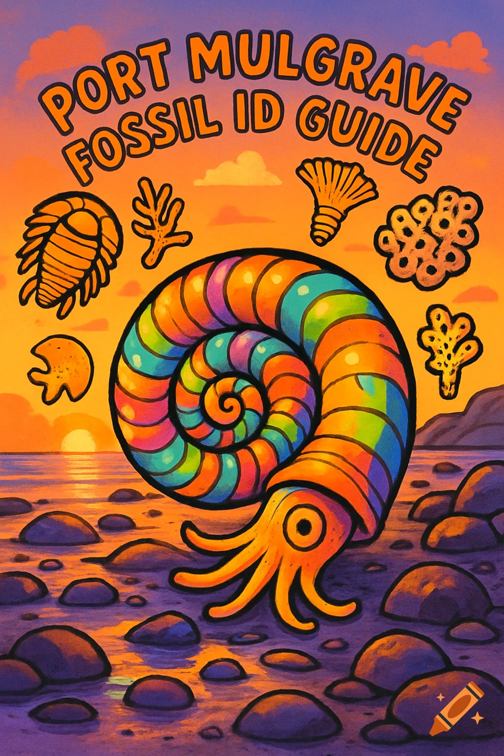 Cartoony illustration of a rainbow ammonite and various fossils on a rocky beach at sunset, with text 'PORT MULGRAVE FOSSIL ID GUIDE'.