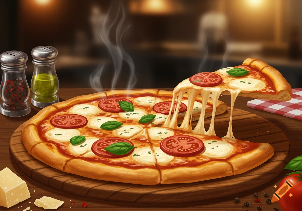 Steaming pizza with a slice lifted, showing long cheese pull, on a wooden board with shakers. Illustration style.