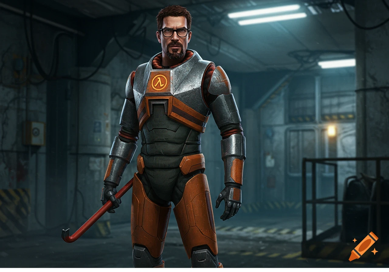 Gordon Freeman in his HEV suit holds a crowbar in a dark, industrial sci-fi setting, photorealistic style.