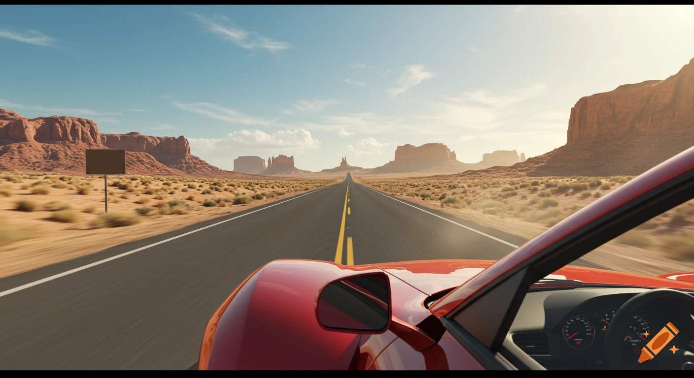 POV from a red car driving on a straight road through a desert landscape with large rock formations.