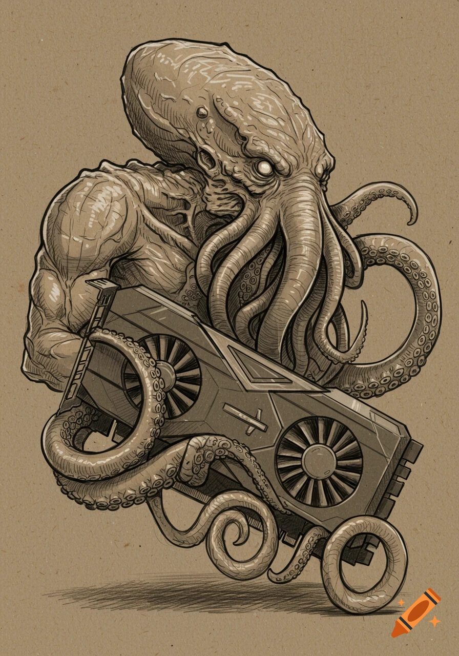 A sketch drawing of a monstrous Cthulhu-like creature with tentacles, embracing a computer graphics card (GPU).