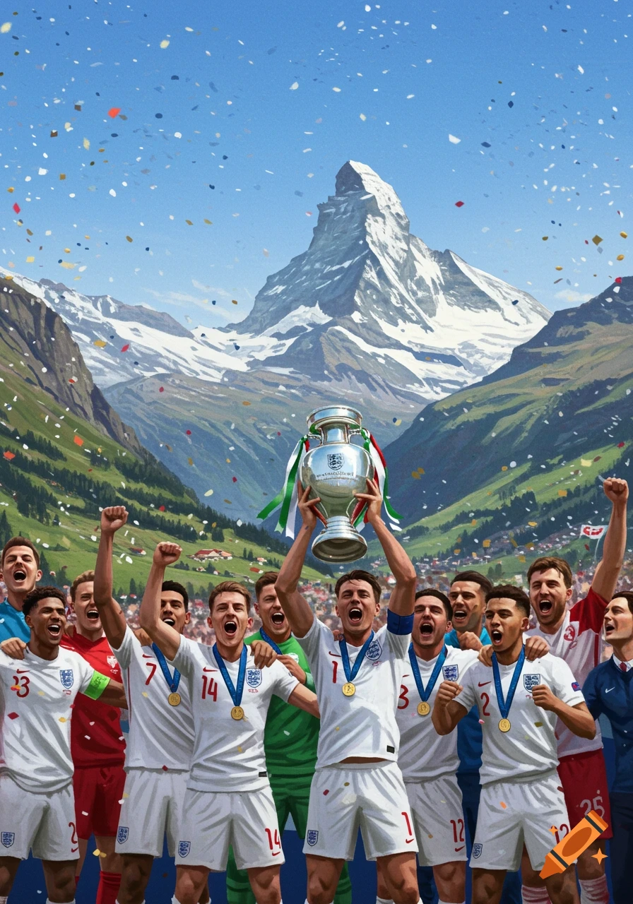A group of male football players in white jerseys celebrate holding a silver trophy aloft, with confetti falling against a backdrop of the Matterhorn mountain and a blue sky.