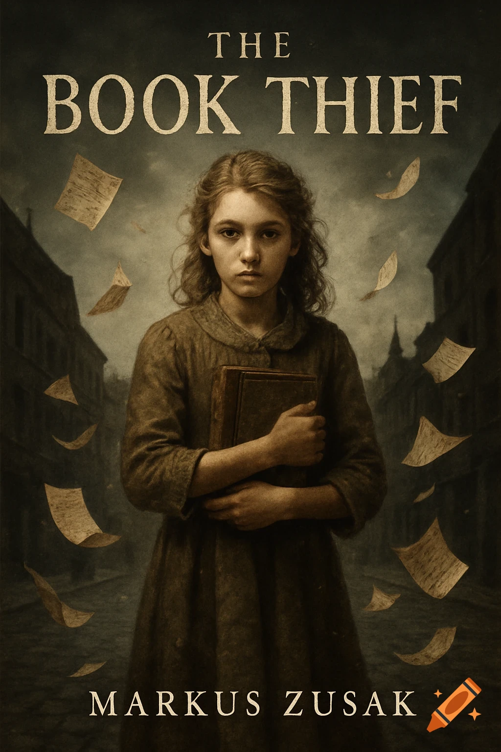 Illustrated book cover with a somber young girl holding books in an old city street, with papers flying. Text: THE BOOK THIEF by MARKUS ZUSAK.