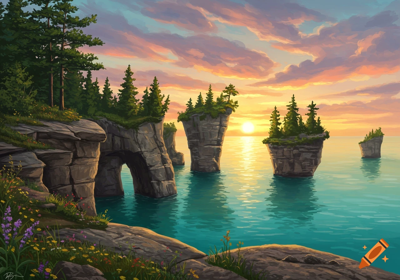 Painted landscape of rocky islands topped with pines and cliffs with an arch, bathed in sunset light over turquoise water.
