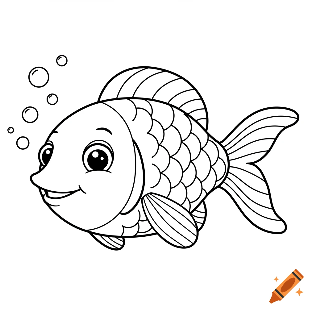 Black and white line drawing of a cute, smiling cartoon fish with bubbles, designed as a coloring page.