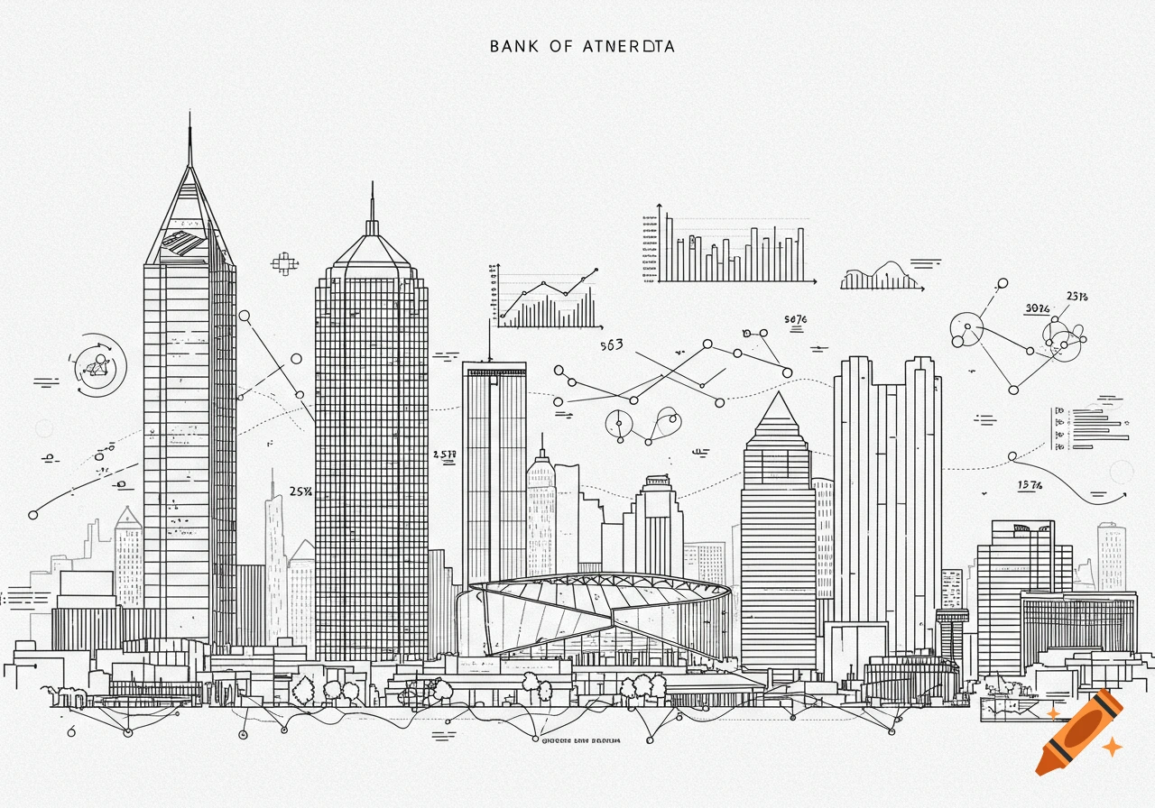 Black and white line drawing of a city skyline with skyscrapers and a stadium, surrounded by floating data visualization elements like line graphs, bar charts, and interconnected nodes.
