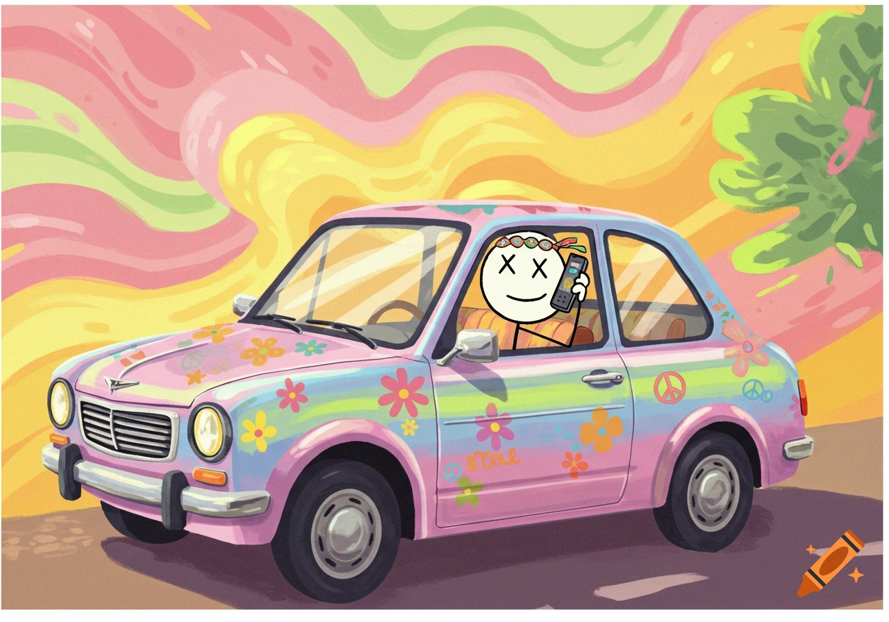 A stylized illustration of a stick figure with X eyes driving a pink and blue hippie car decorated with flowers and peace signs, holding an old cell phone. The background is a psychedelic swirl of colors with a green tree.
