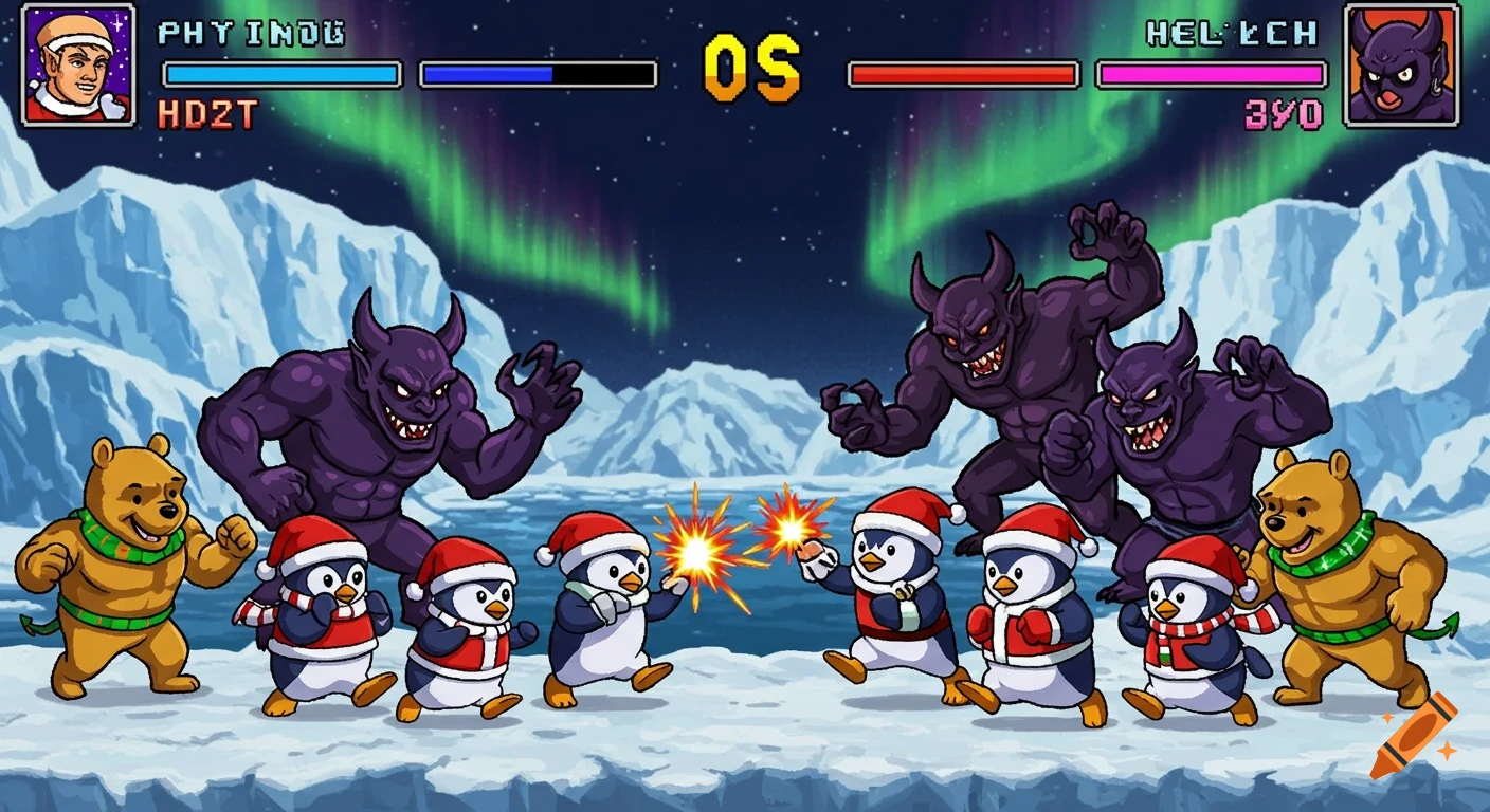 Pixel art fighting game screen: Santa penguins battle purple demons and Pooh bears in a snowy Arctic landscape with health bars.
