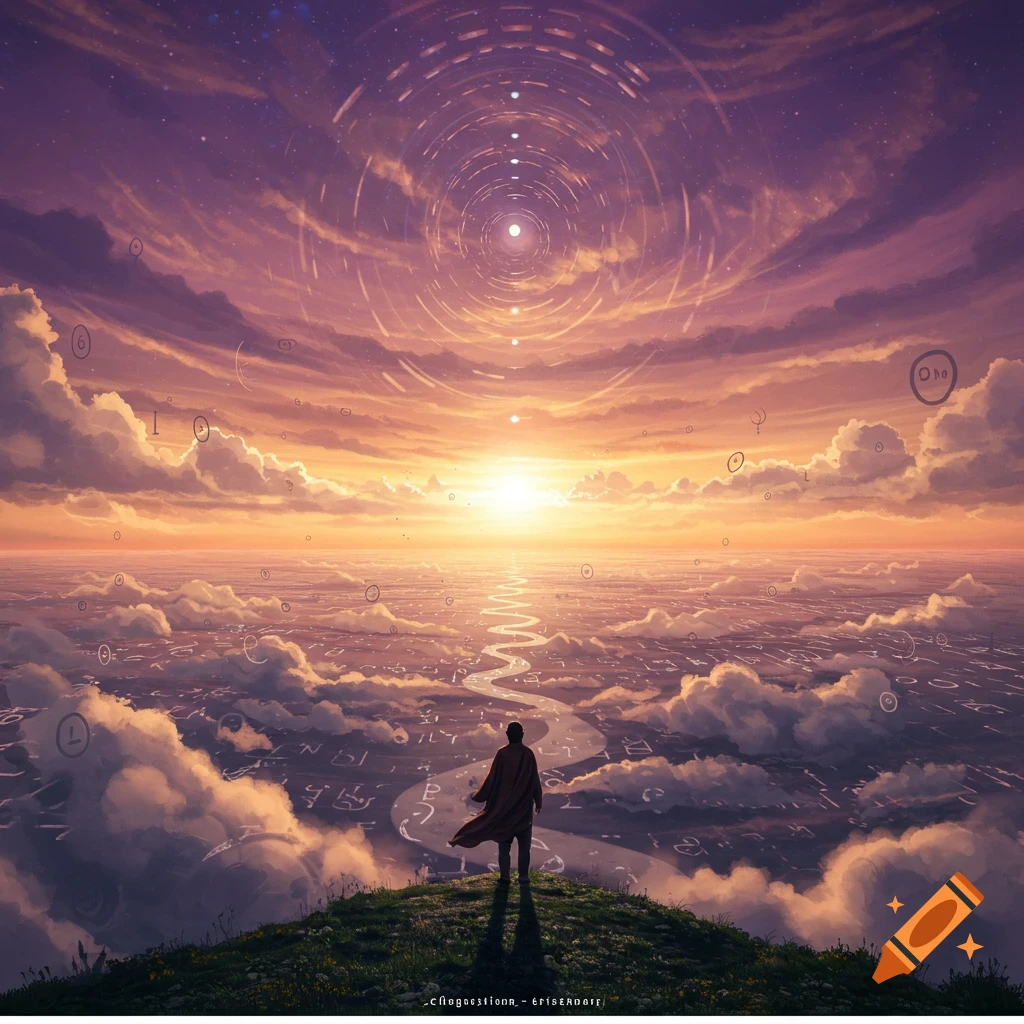 A lone figure stands on a hill, overlooking a surreal cloudscape with a winding path leading to a bright horizon, under a sky with abstract symbols.