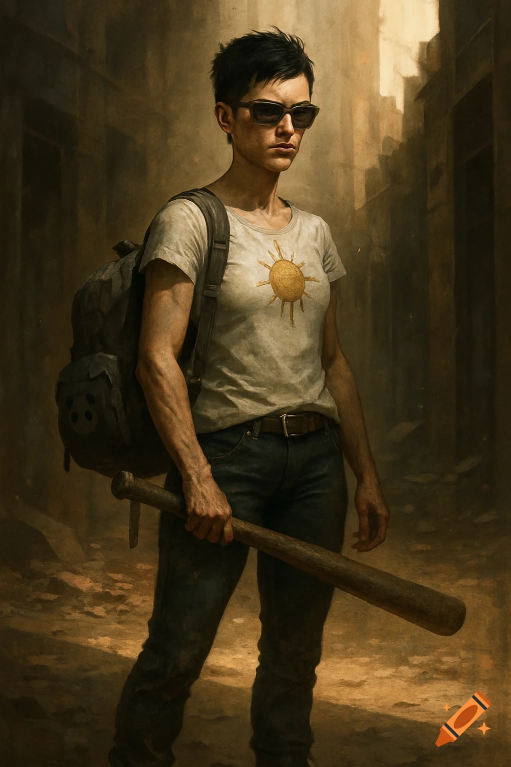 A stylized painting of a female survivor wearing sunglasses, a white t-shirt with a sun, dark jeans, and a backpack, holding a baseball bat in a desolate cityscape.