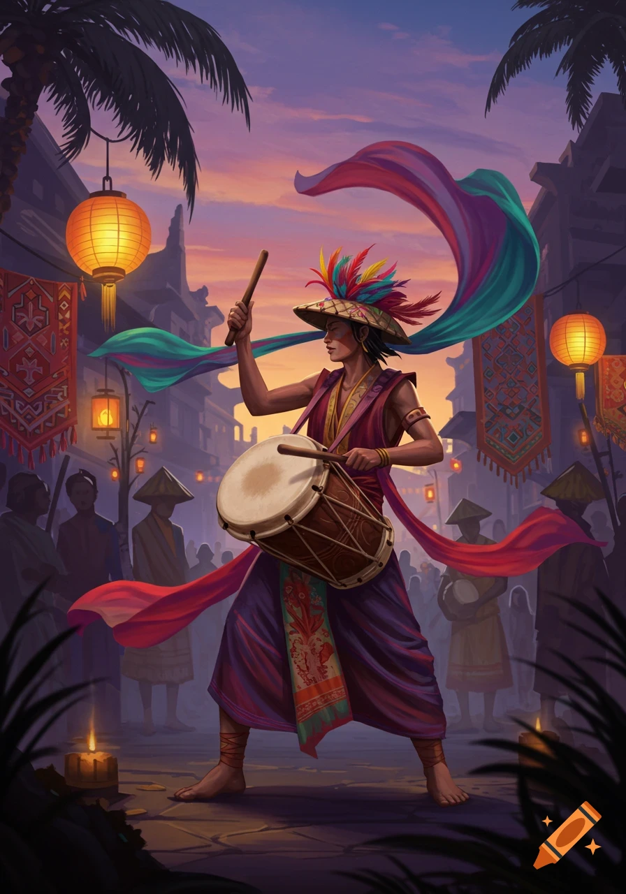 A vibrant illustration of a person playing a drum during a night festival with lanterns and a crowd.