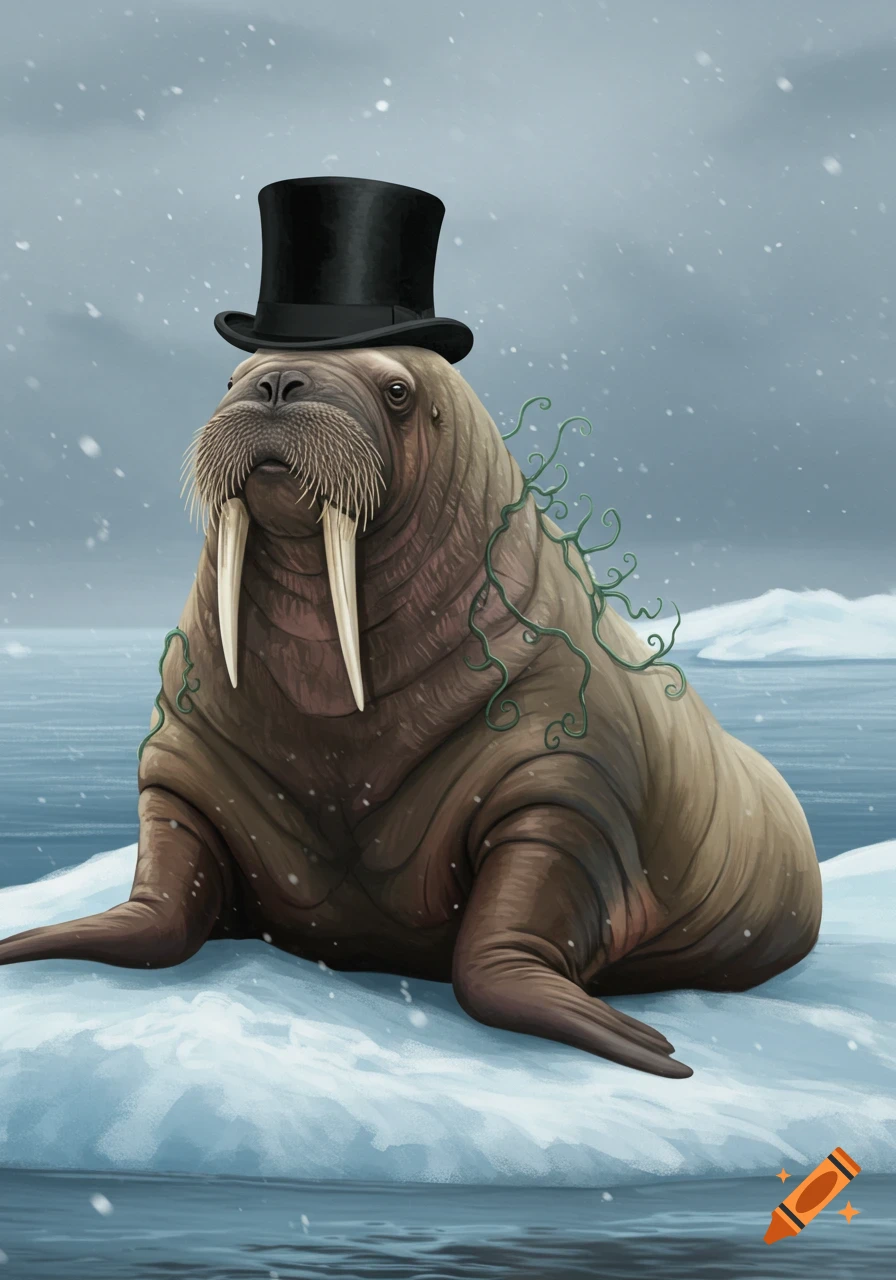 A walrus wearing a black top hat sits on a block of ice in a snowy Arctic landscape, depicted in an illustrative style.