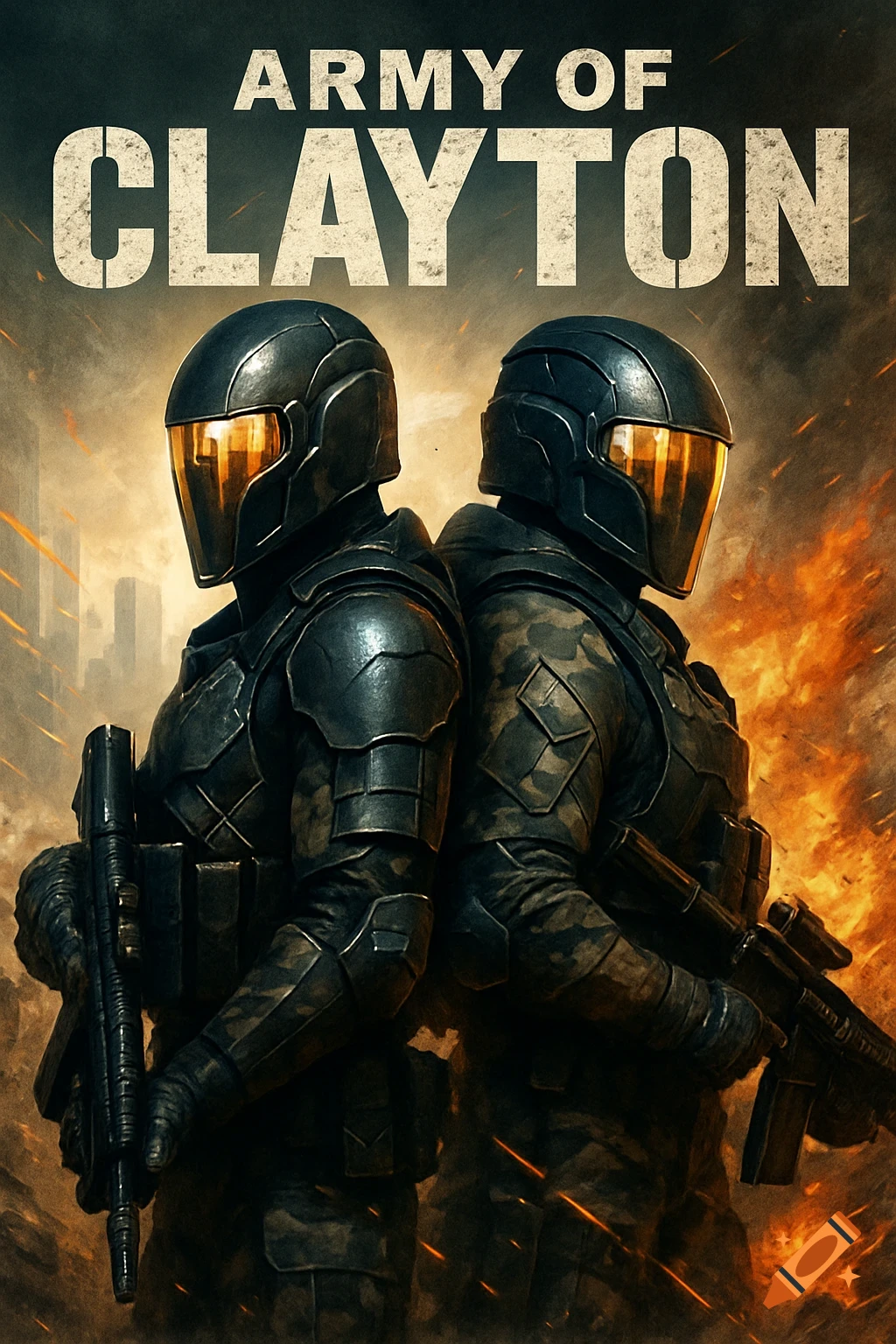 Two futuristic soldiers in dark armor stand back-to-back with rifles against a fiery city background, 'ARMY OF CLAYTON' text.