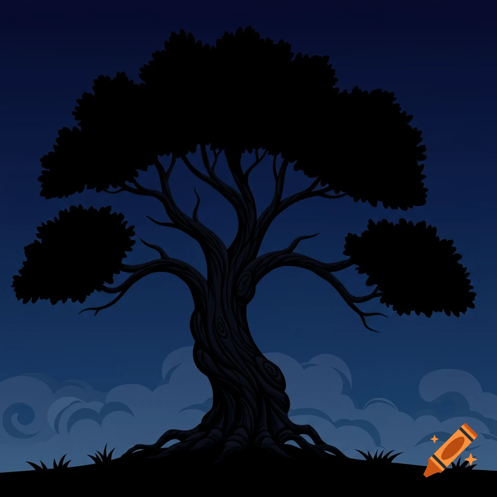 A stylized black silhouette of a large, gnarled tree against a dark blue night sky with faint clouds.