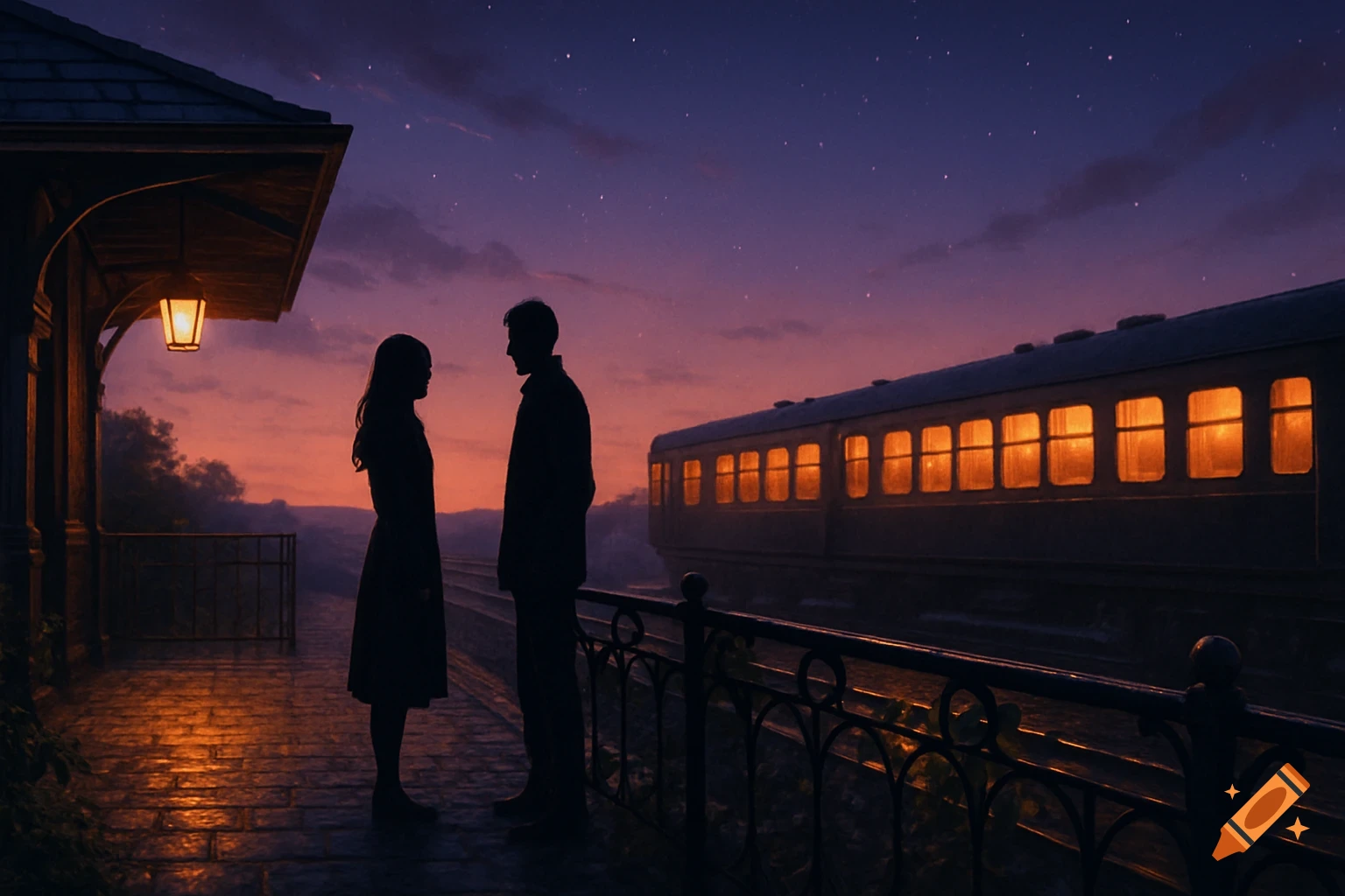 Silhouetted couple on a train platform at sunset/sunrise, with a train alongside, in a romantic digital art style.