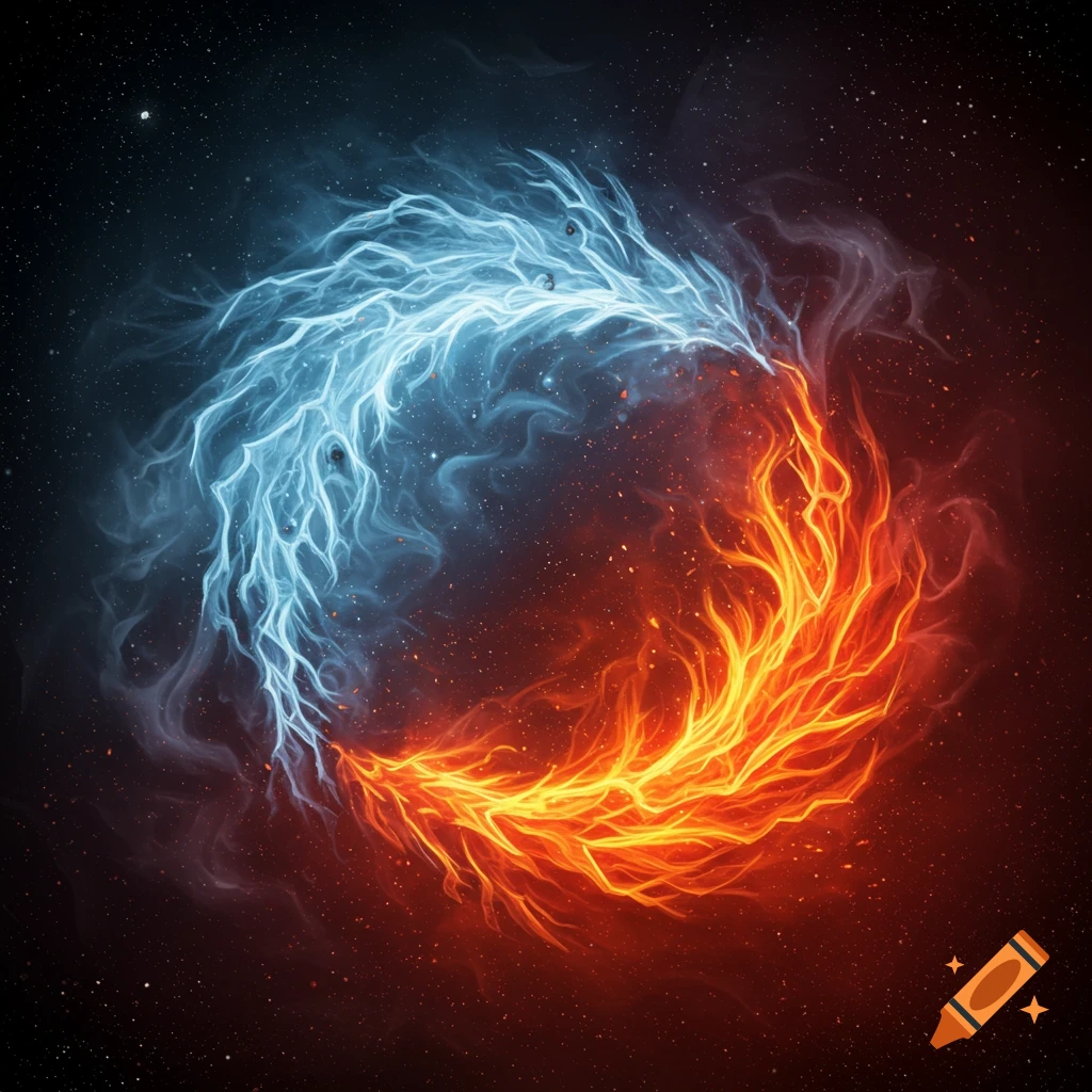 A swirling yin-yang like symbol made of bright blue ice and vibrant orange fire, set against a dark starry cosmic background.