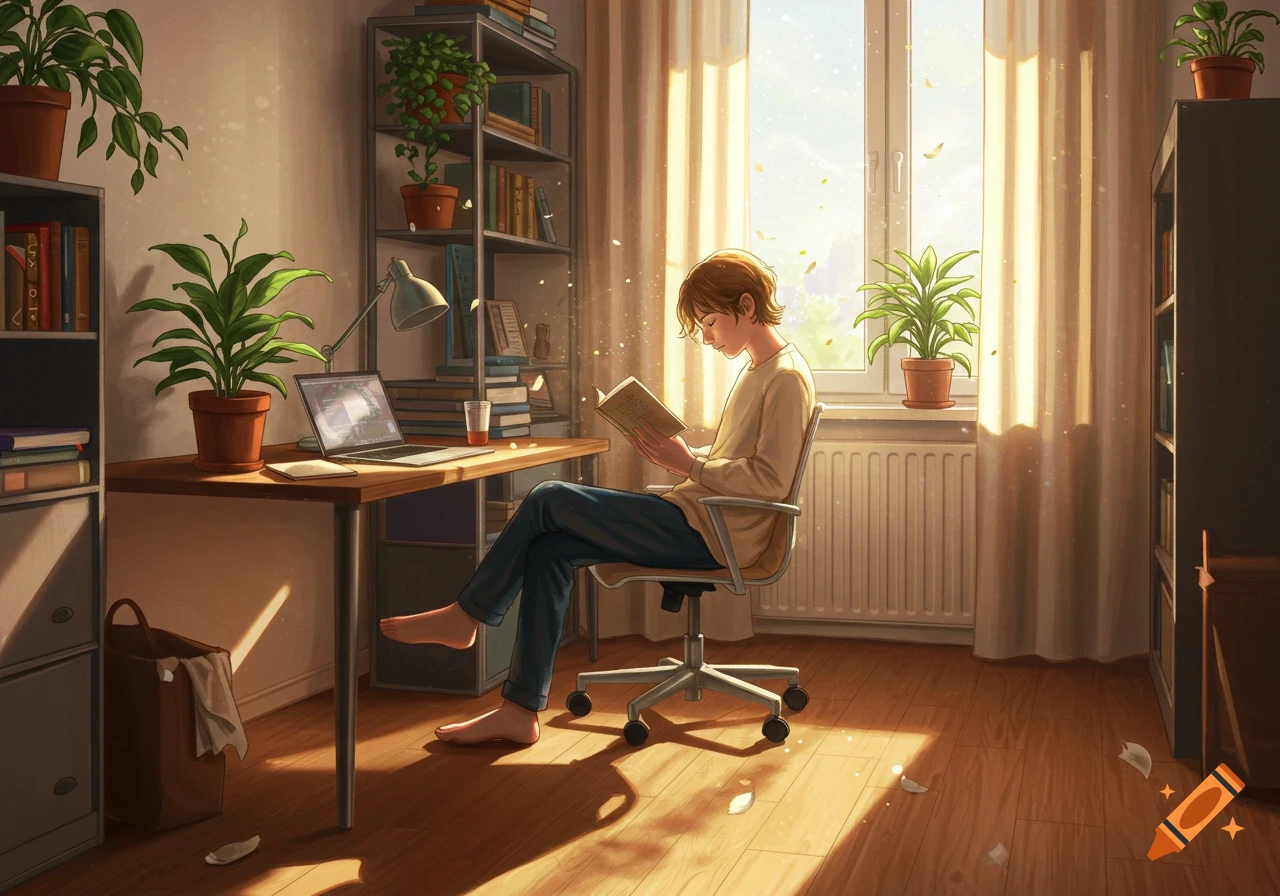 A boy reads a book in a cozy, sunlit room with a laptop on a desk, plants, and bookshelves, in an anime art style.