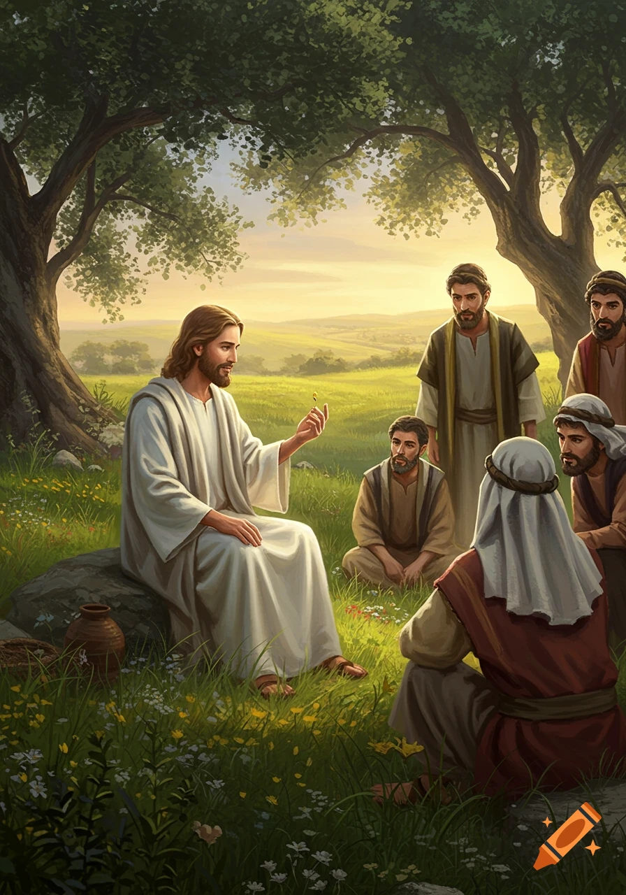 Jesus sits on a rock holding a small seed, teaching disciples in a lush, green field with trees and a warm sunset glow.