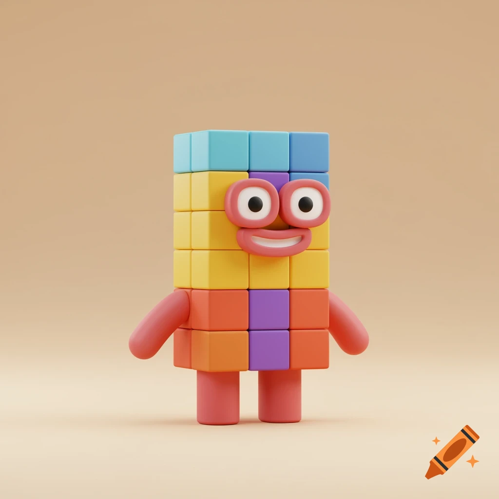 A smiling cartoon character made of colorful rectangular blocks, on a plain background.