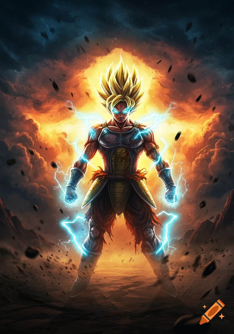 Super Saiyan Goku with glowing eyes, surrounded by blue lightning and an explosive orange and dark storm.
