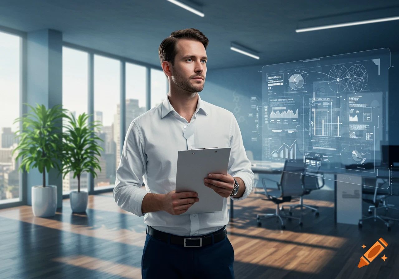 A professional man in a white shirt and dark pants holds a clipboard in a modern office with a holographic data display.