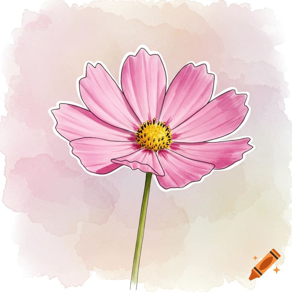 A pink cosmos flower with a yellow center and green stem in a watercolor style, with a slightly misaligned black outline.