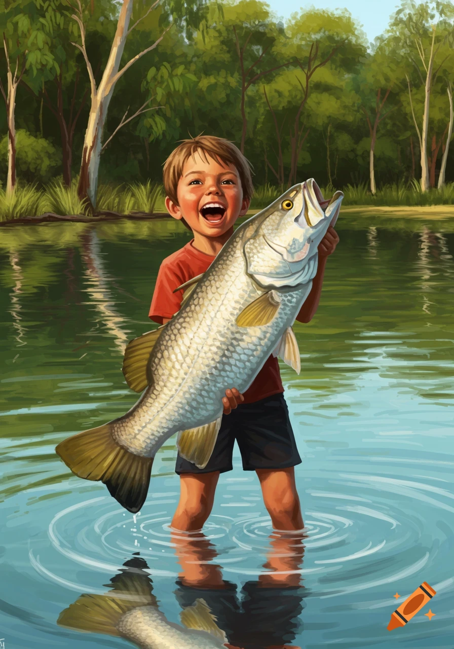 A smiling young boy in a red shirt stands in water, holding a large fish, in a painted outdoor scene with trees.