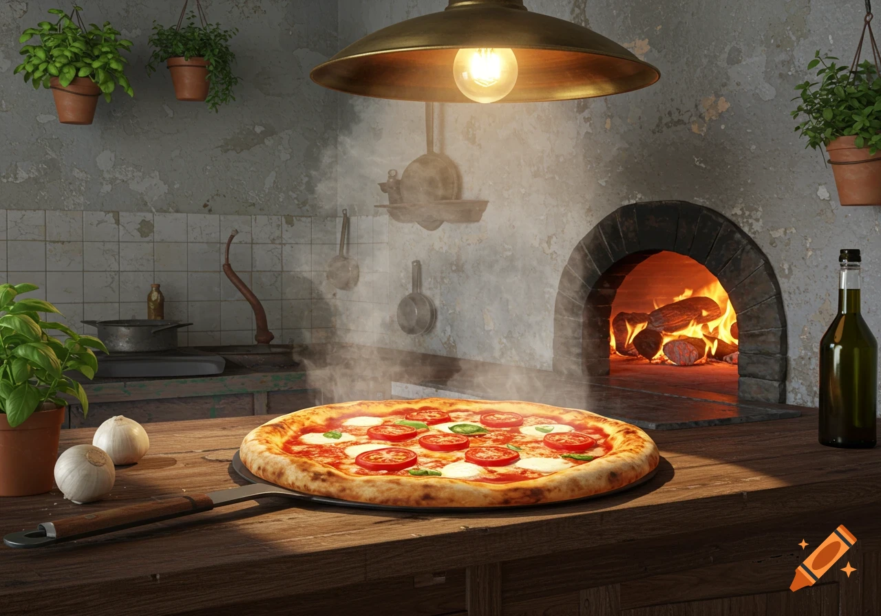 A hot, freshly baked pizza with tomatoes, mozzarella, and basil steaming on a wooden counter in a rustic kitchen with a wood-fired oven.
