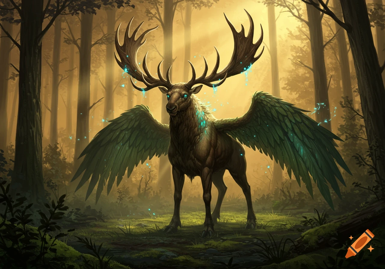 A majestic winged moose with large antlers and glowing blue markings stands in a sunlit forest.