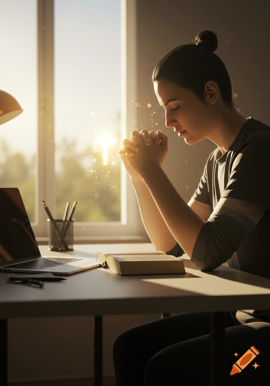 A person praying at a desk with an open Bible, laptop, and glowing cross in a sunlit home office.
