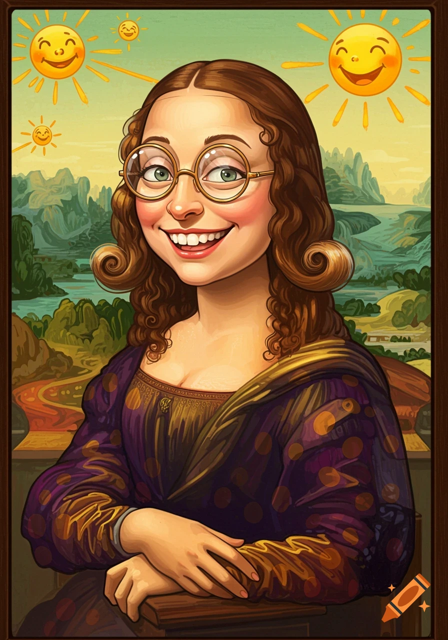 Cartoon caricature of Mona Lisa smiling and wearing glasses, with cheerful suns in a mountain landscape.