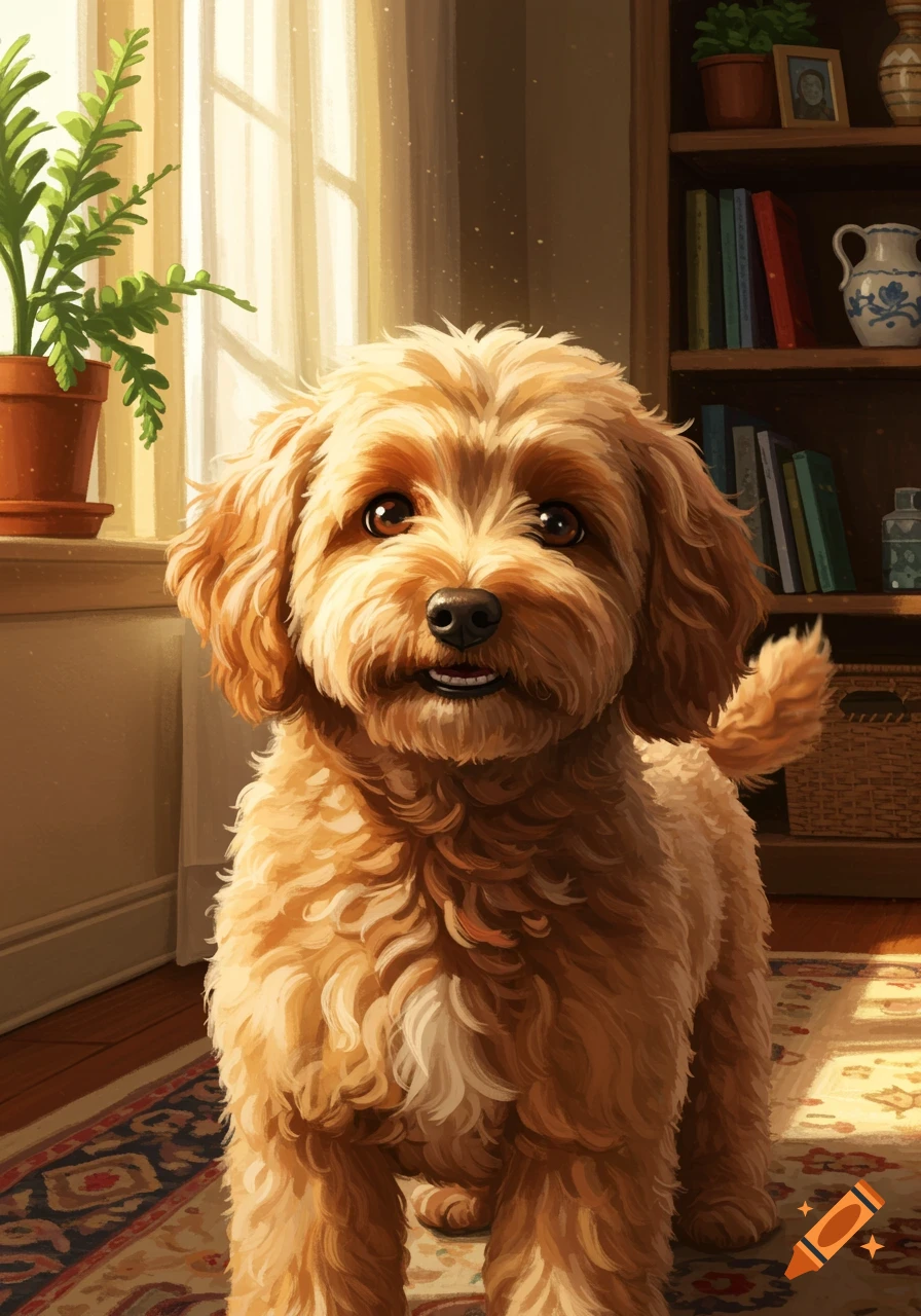A cute fluffy golden labradoodle dog sits on a patterned rug in a sunlit room, with plants and a bookshelf in the background.