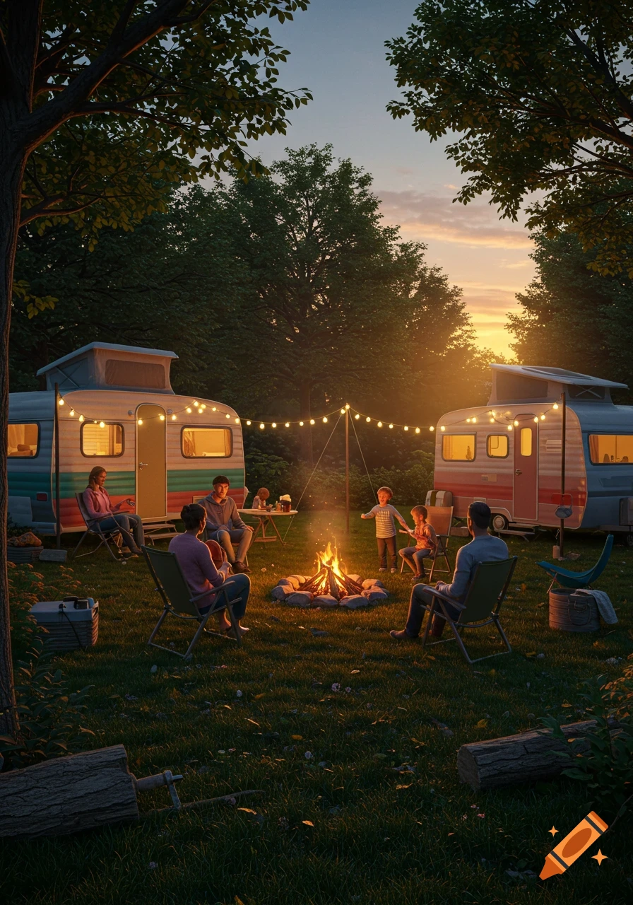 A family gathers around a campfire at sunset in a campground with two vintage campers, surrounded by trees and string lights.