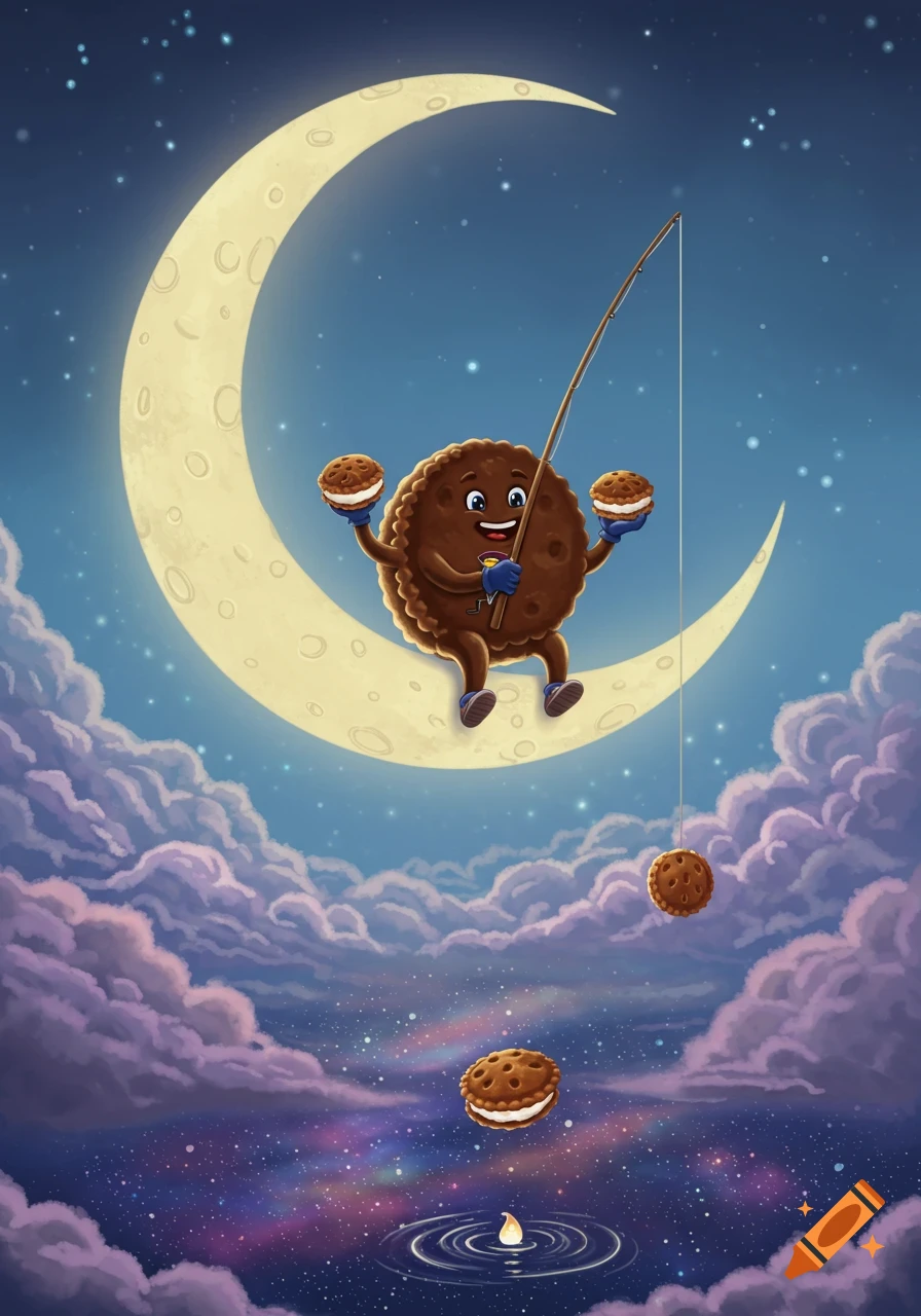 A cheerful cartoon cookie character sits on a crescent moon, fishing for cookies in a starry night sky.