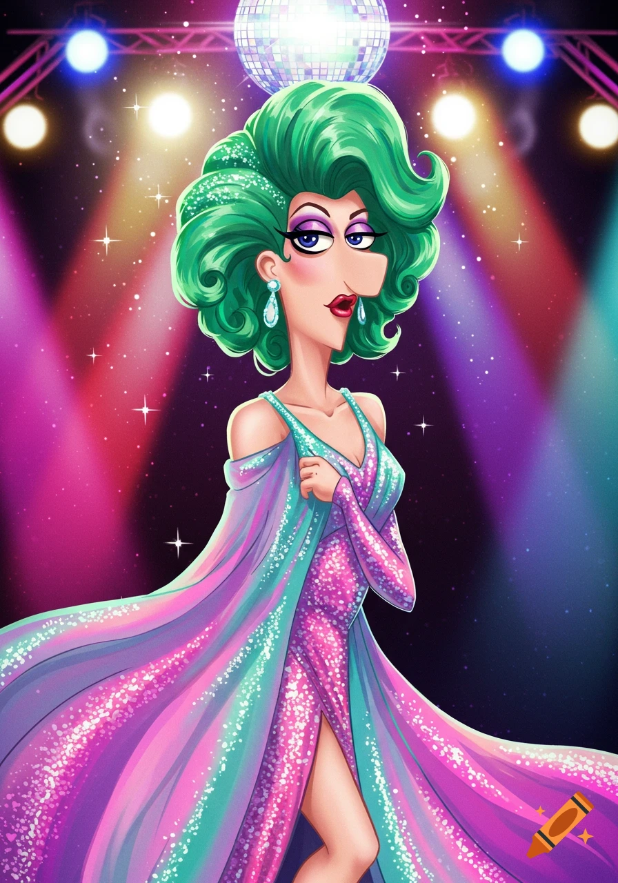 A cartoon character with green hair and a sparkly pink and teal dress, posing under disco lights with a disco ball above.