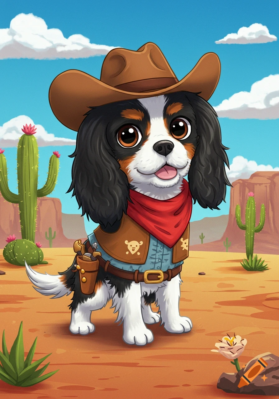 Cartoon tri-color Cavalier King Charles Spaniel dog dressed as a cowboy in a desert with cactuses.