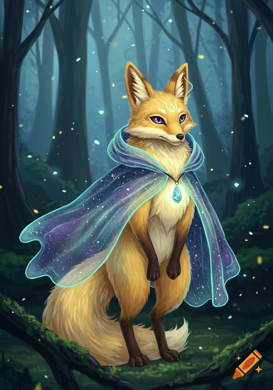 A golden fox with purple eyes and a star-dusted blue magical cloak stands in a mystical twilight forest.