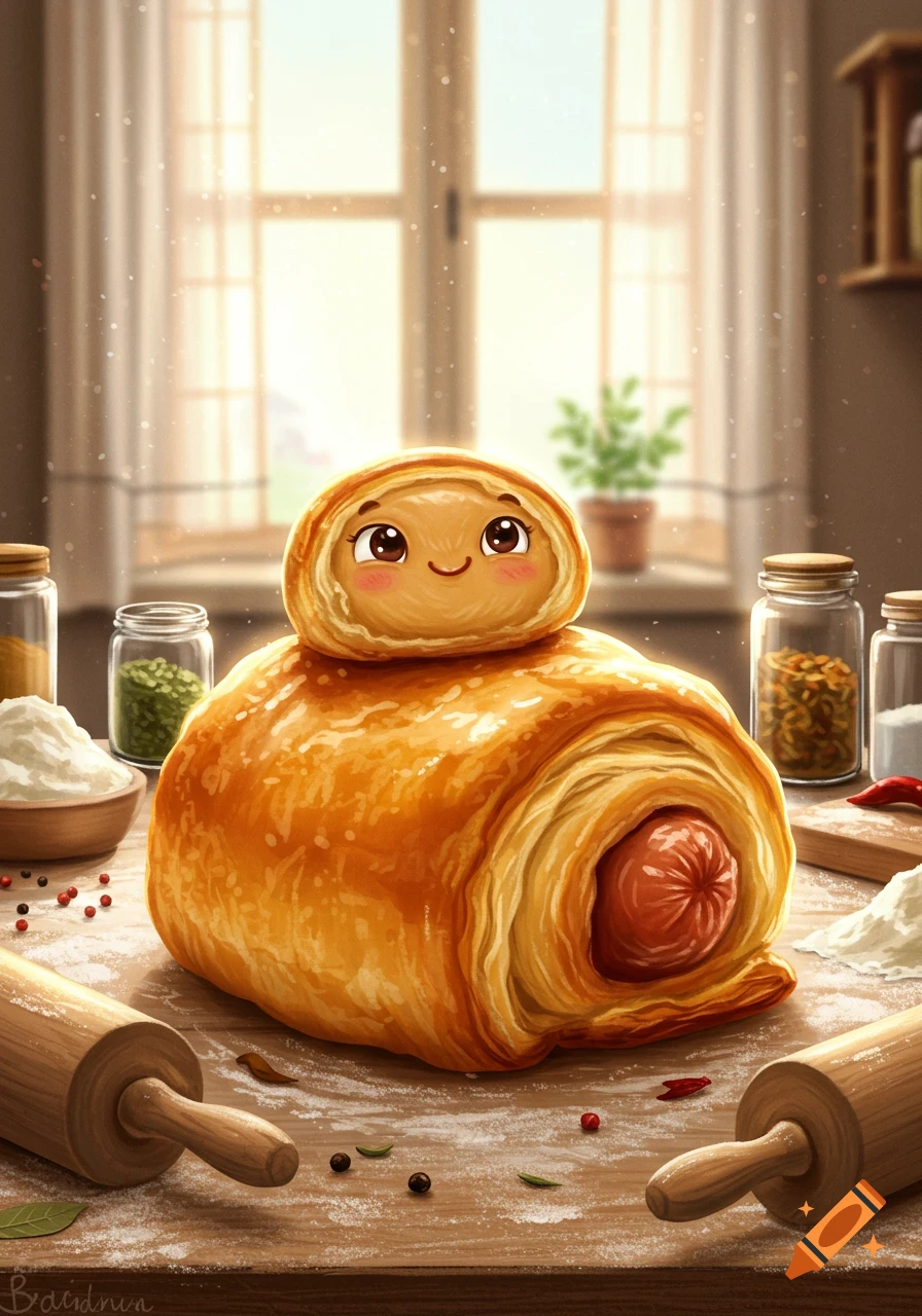 A cute, cartoon-style sausage roll with a smiling face on top sits on a wooden kitchen counter surrounded by flour and spices.