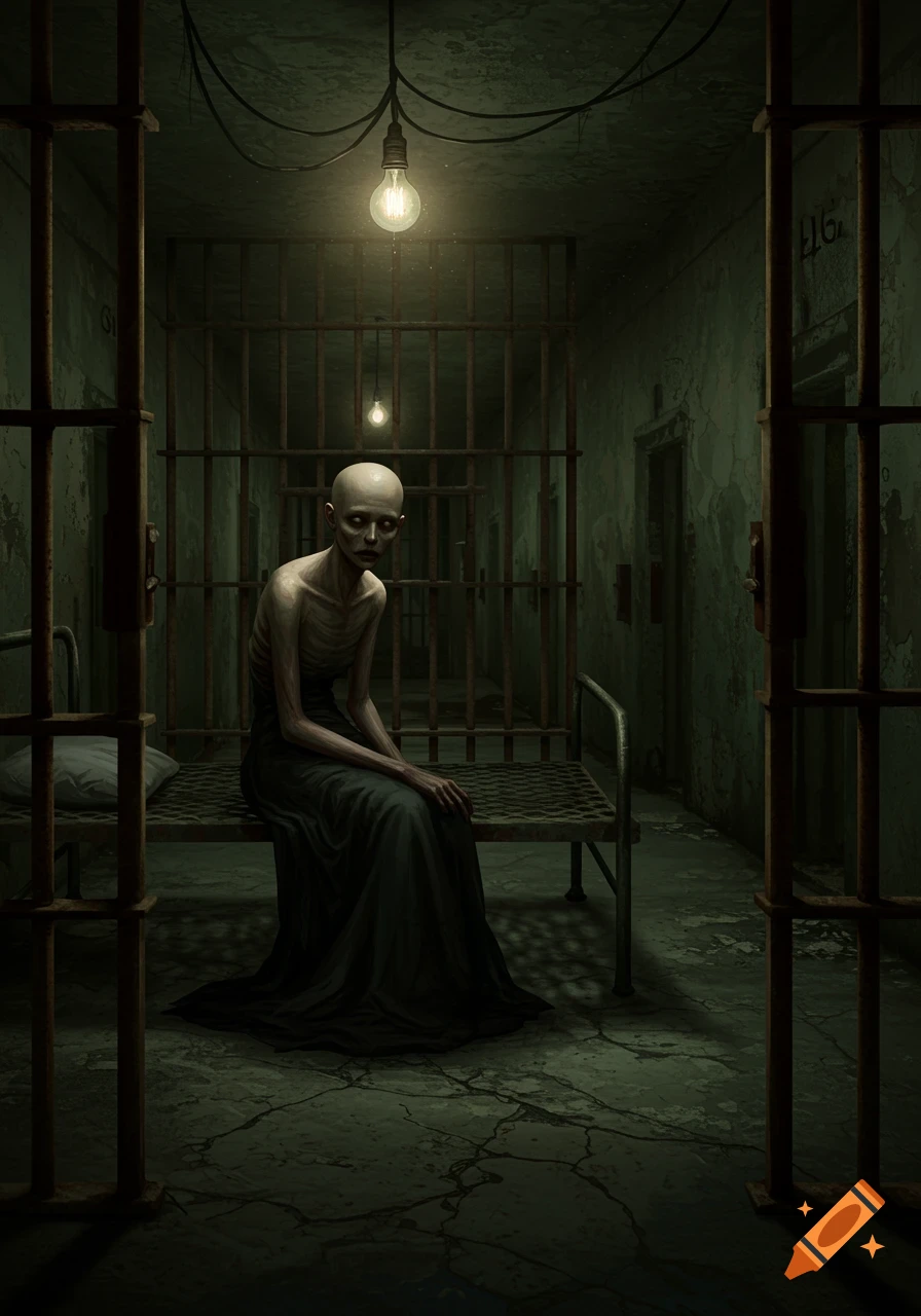 A gaunt, pale woman with white eyes and a black dress sits on a bed in a dark, dilapidated prison cell.