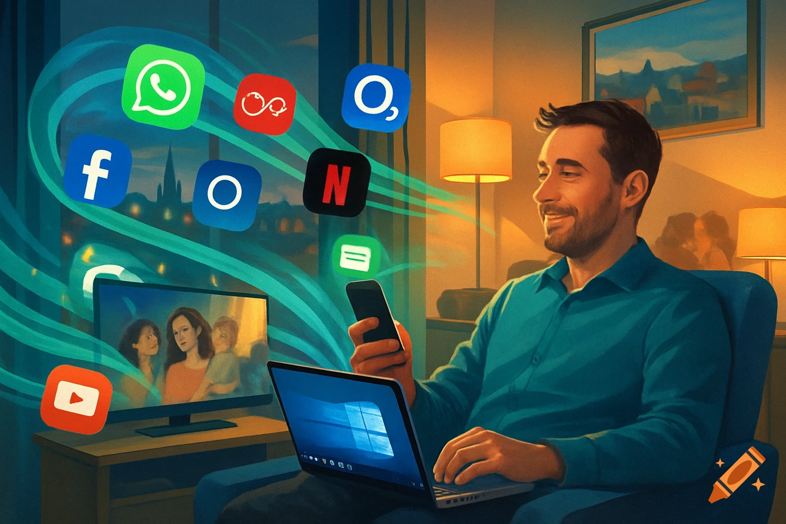 A man smiling while sitting in a chair, using a smartphone and laptop. App icons float around him, with a TV displaying content in the background.