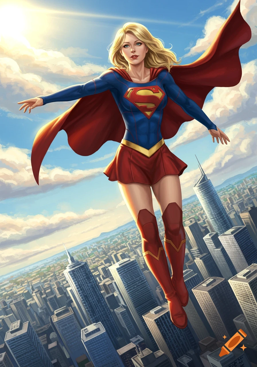 Supergirl flying over a city, wearing her blue and red costume with the S-shield.