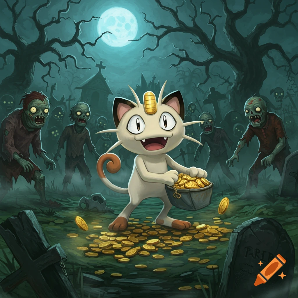 Meowth stands in a dark, moonlit graveyard, holding a bucket of gold coins while surrounded by zombies.