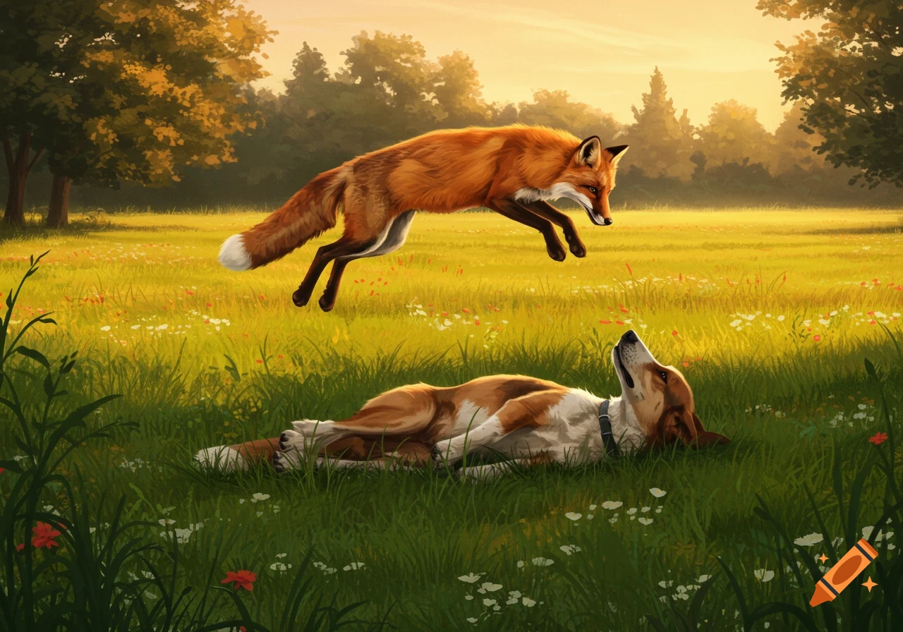 A red fox leaps over a lounging dog in a sunlit grassy field with trees in the background, in a painterly style.