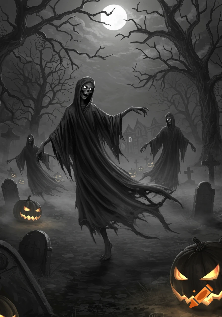 Three ghoulish figures in tattered cloaks with glowing eyes stand in a misty, moonlit cemetery with jack-o'-lanterns and bare trees.