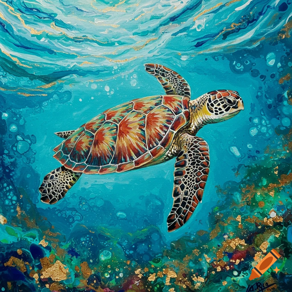 An abstract painting of a colorful sea turtle swimming in vibrant blue and green ocean waters with gold accents.