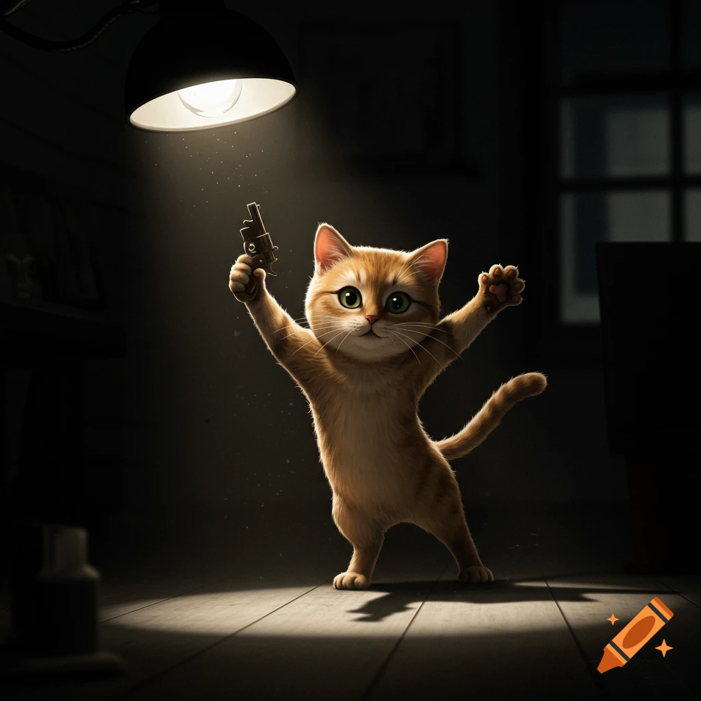 A cute ginger cat stands upright under a spotlight, holding a small stylized gun in one paw.